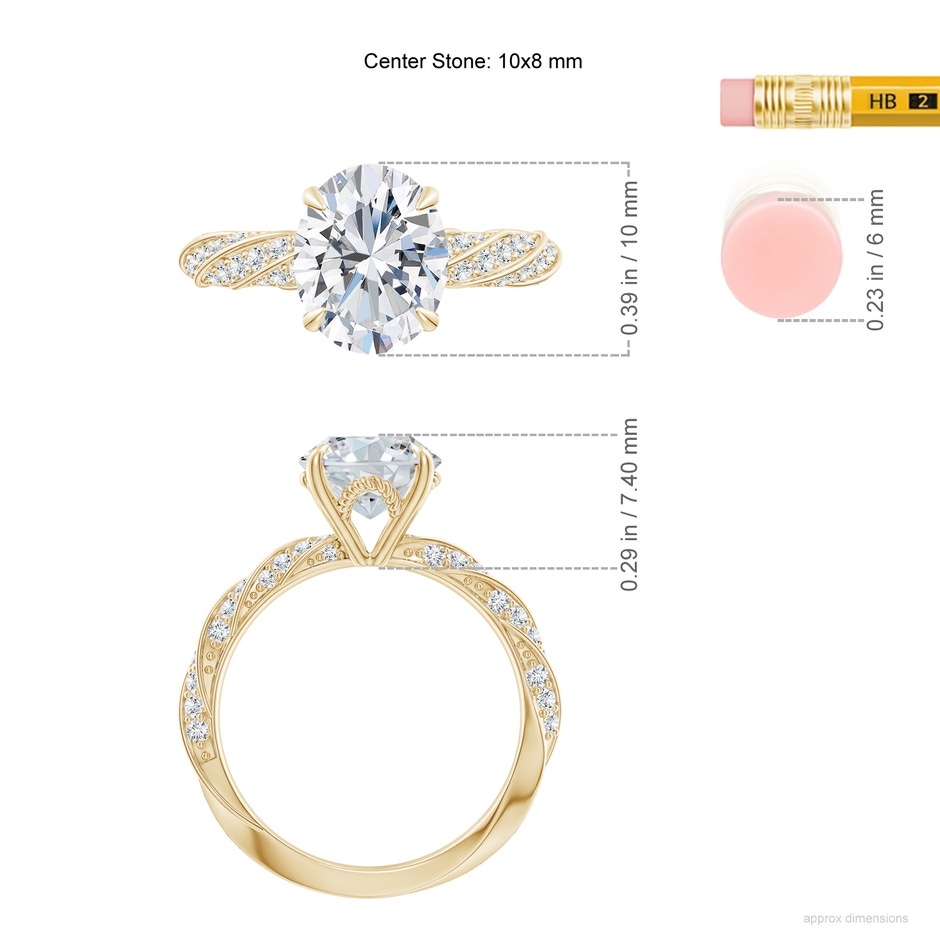 10x8mm FGVS Oval Lab-Grown Diamond Twisted Rope Shank Engagement Ring in Yellow Gold ruler