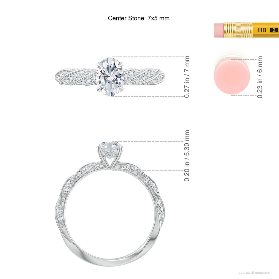 7x5mm FGVS Oval Lab-Grown Diamond Twisted Rope Shank Engagement Ring in 9K White Gold ruler