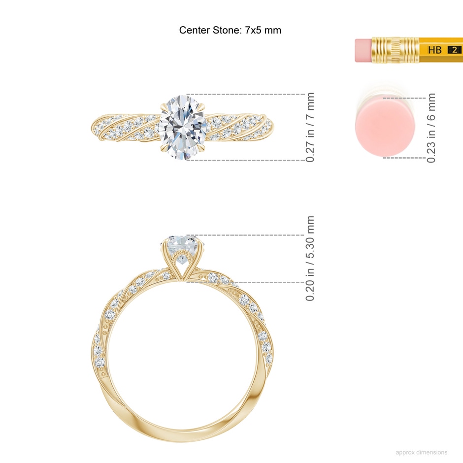 7x5mm FGVS Oval Lab-Grown Diamond Twisted Rope Shank Engagement Ring in Yellow Gold ruler
