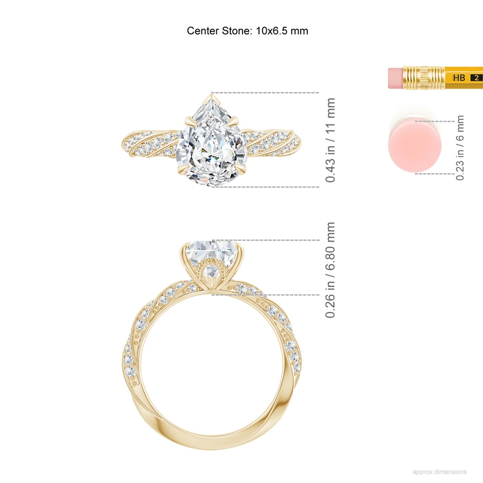 10x6.5mm FGVS Pear Lab-Grown Diamond Twisted Rope Shank Engagement Ring in Yellow Gold ruler