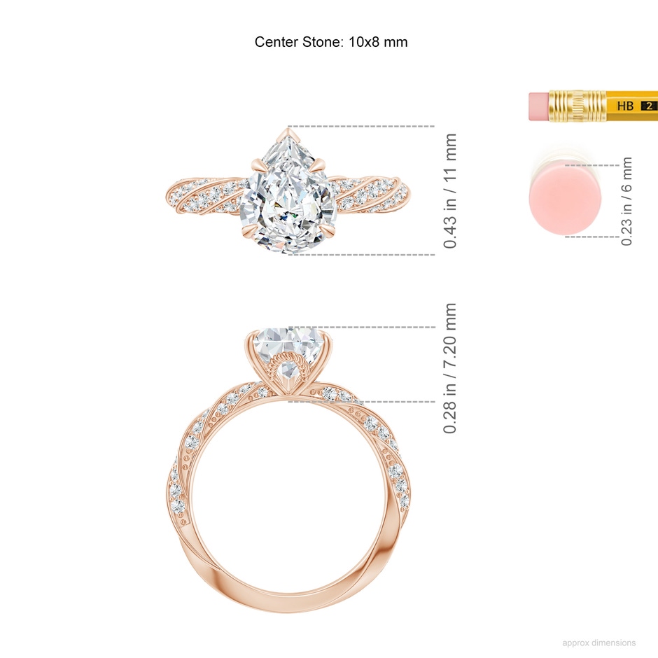 10x8mm FGVS Pear Lab-Grown Diamond Twisted Rope Shank Engagement Ring in Rose Gold ruler