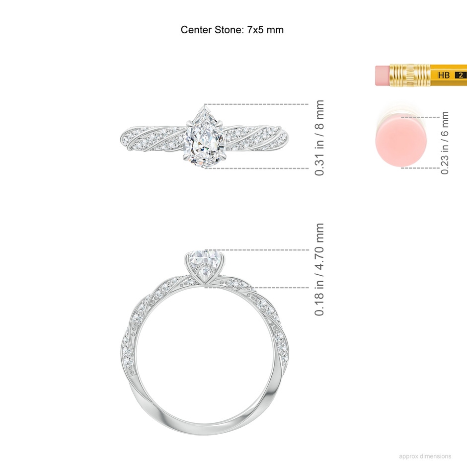7x5mm FGVS Pear Lab-Grown Diamond Twisted Rope Shank Engagement Ring in P950 Platinum ruler