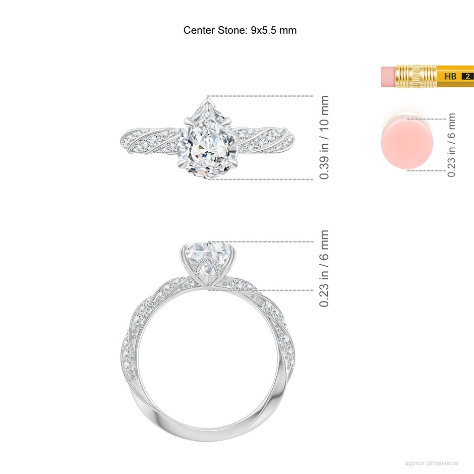 9x5.5mm FGVS Pear Lab-Grown Diamond Twisted Rope Shank Engagement Ring in White Gold ruler