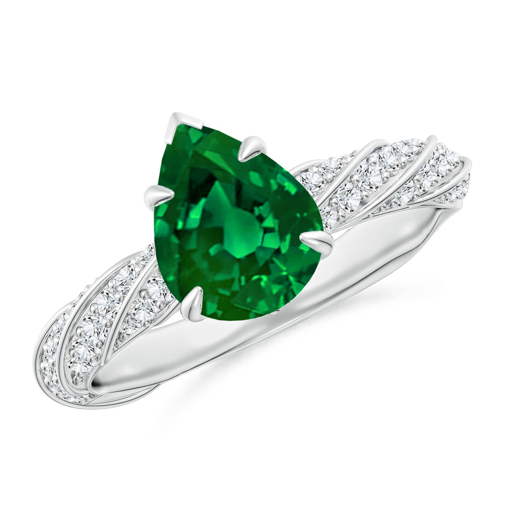 9x7mm Labgrown Pear Lab-Grown Emerald Twisted Rope Shank Engagement Ring in White Gold