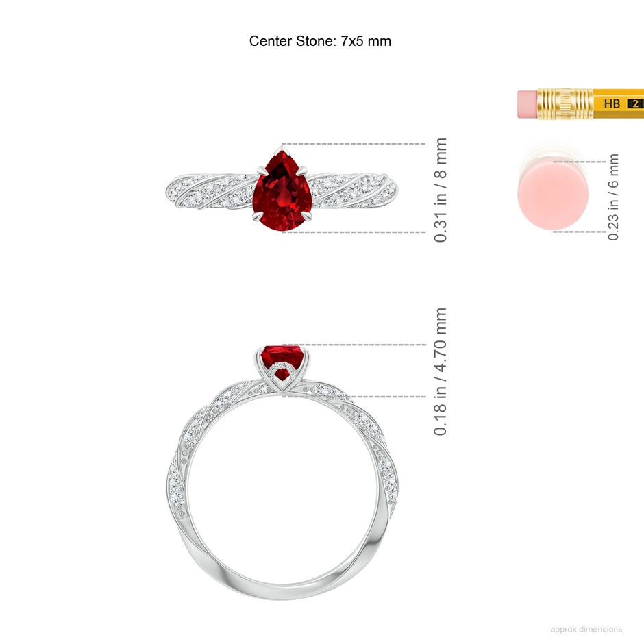 7x5mm Labgrown Pear Lab-Grown Ruby Twisted Rope Shank Engagement Ring in 18K White Gold ruler