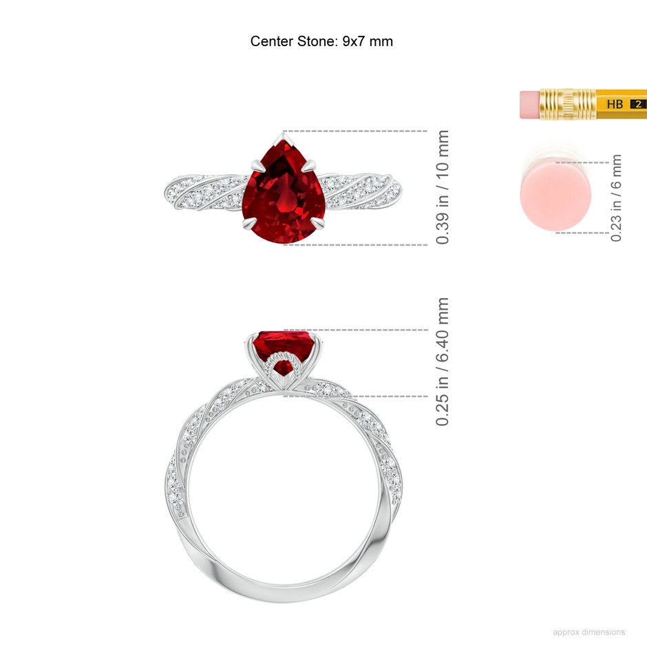 9x7mm Labgrown Pear Lab-Grown Ruby Twisted Rope Shank Engagement Ring in White Gold ruler