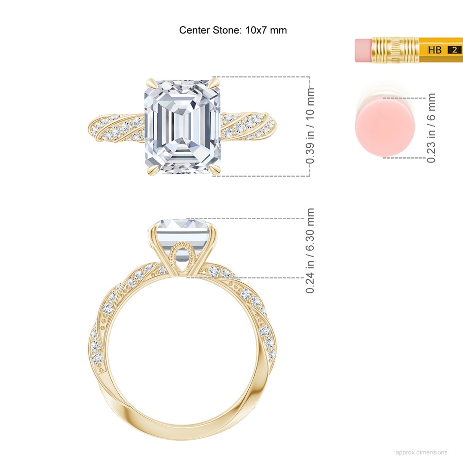 10x7mm FGVS Emerald-Cut Lab-Grown Diamond Twisted Rope Shank Engagement Ring in Yellow Gold ruler