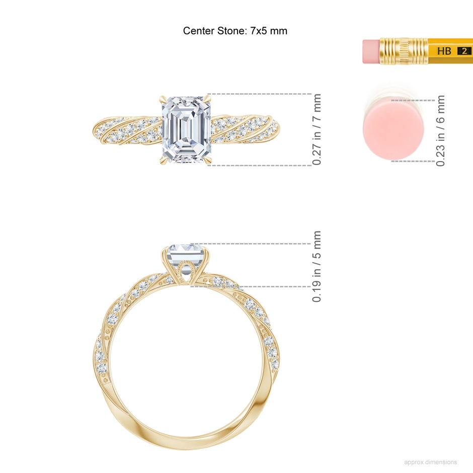7x5mm FGVS Emerald-Cut Lab-Grown Diamond Twisted Rope Shank Engagement Ring in Yellow Gold ruler