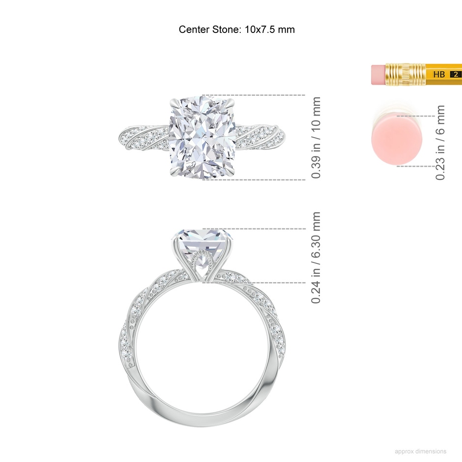 10x7.5mm FGVS Cushion Rectangular Lab-Grown Diamond Twisted Rope Shank Engagement Ring in White Gold ruler