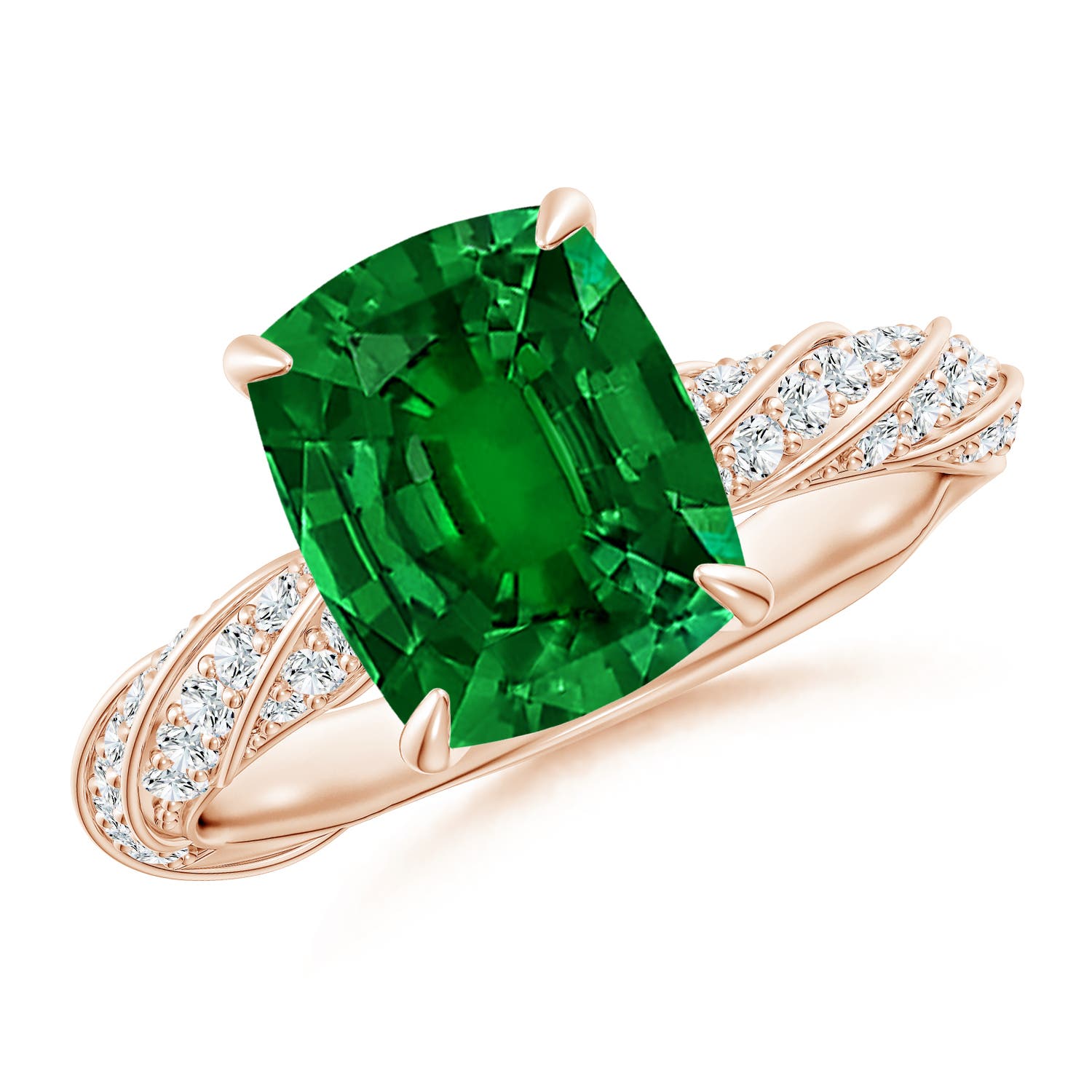 10x8mm Labgrown Cushion Rectangular Lab-Grown Emerald Twisted Rope Shank Engagement Ring in 18K Rose Gold
