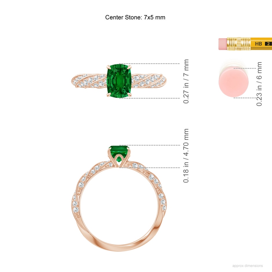 7x5mm Labgrown Cushion Rectangular Lab-Grown Emerald Twisted Rope Shank Engagement Ring in Rose Gold ruler