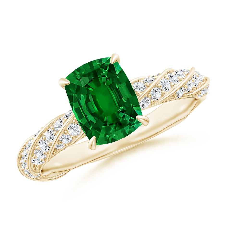 8x6mm Labgrown Cushion Rectangular Lab-Grown Emerald Twisted Rope Shank Engagement Ring in 18K Yellow Gold 