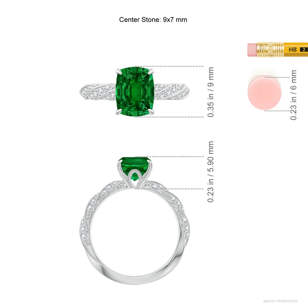 9x7mm Labgrown Cushion Rectangular Lab-Grown Emerald Twisted Rope Shank Engagement Ring in White Gold ruler
