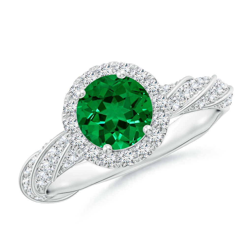 6.5mm Labgrown Round Lab-Grown Emerald Halo Twisted Rope Shank Engagement Ring in White Gold