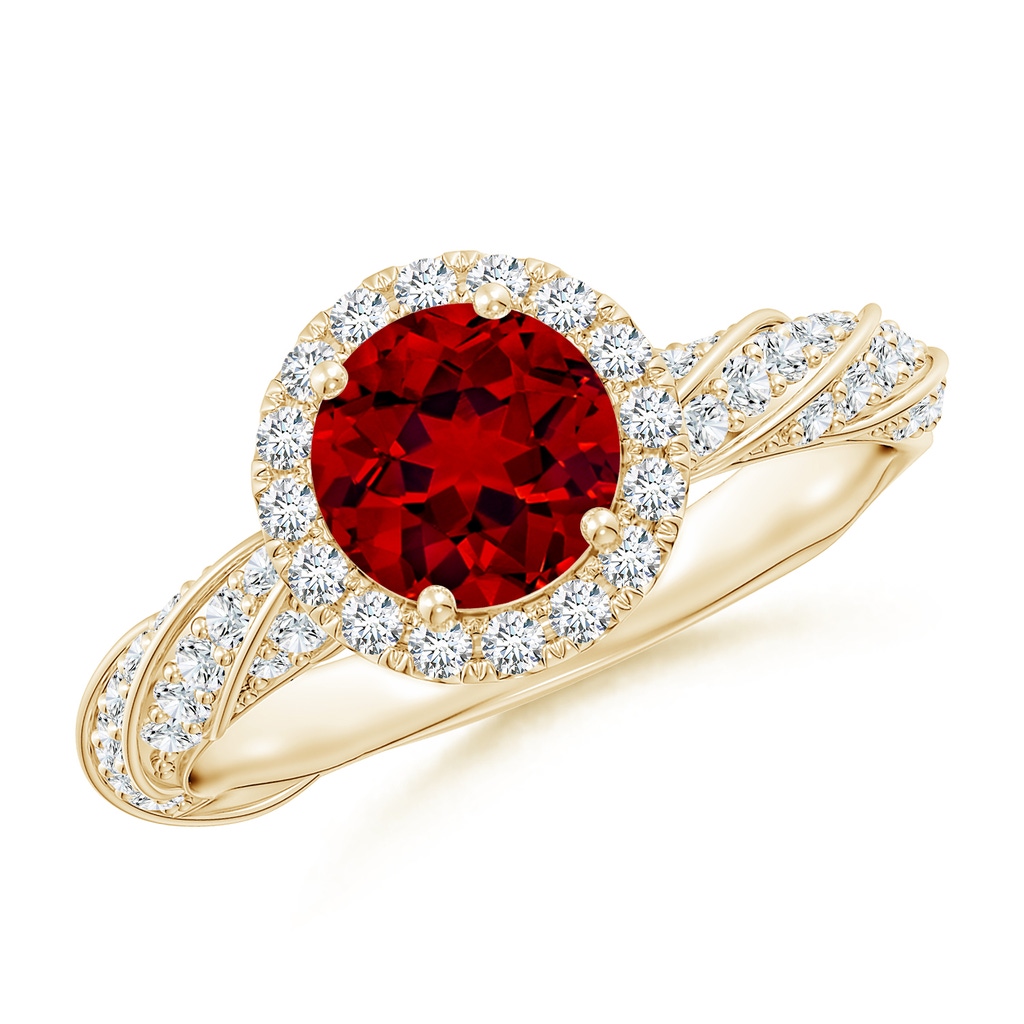 6.5mm Labgrown Round Lab-Grown Ruby Halo Twisted Rope Shank Engagement Ring in Yellow Gold