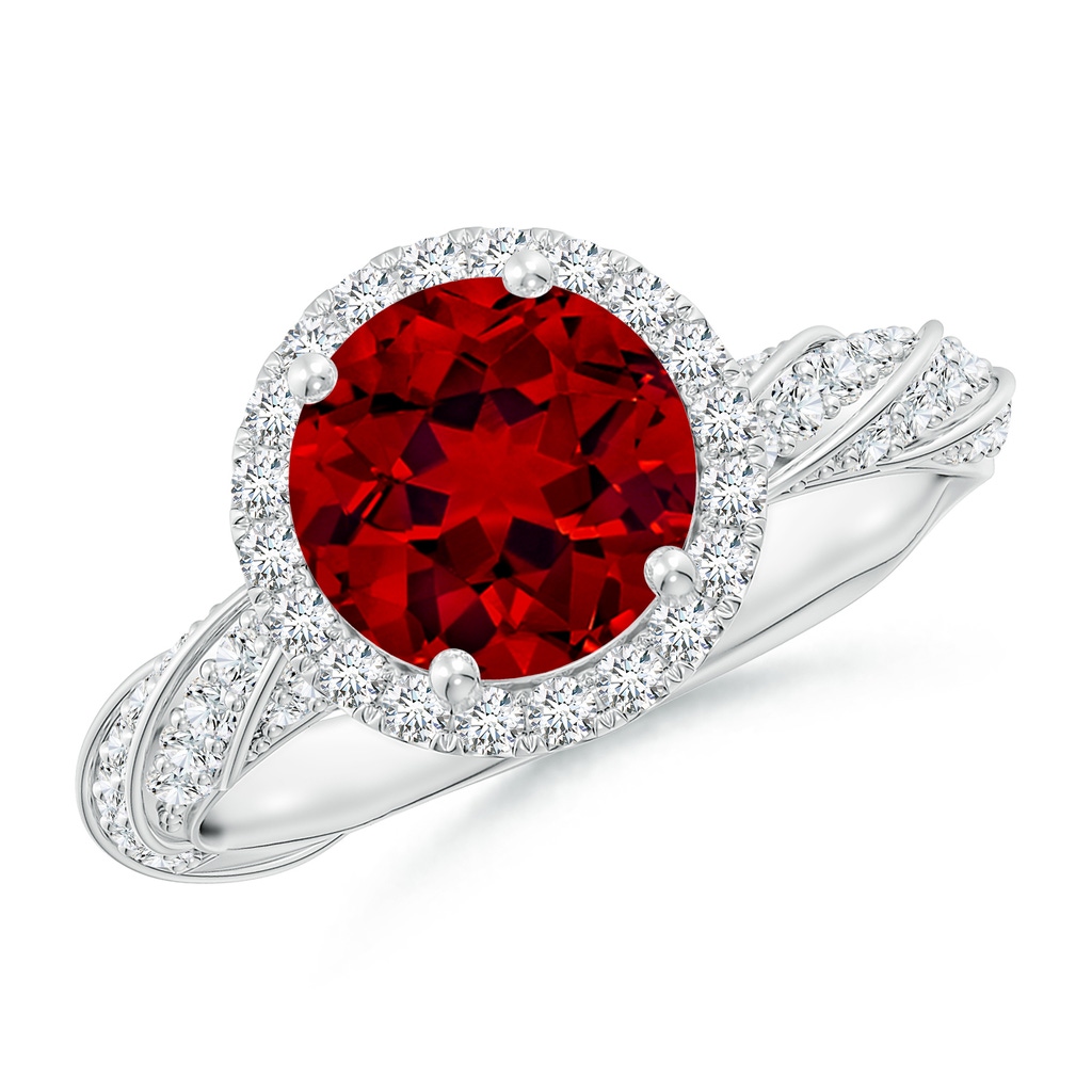 8mm Labgrown Round Lab-Grown Ruby Halo Twisted Rope Shank Engagement Ring in White Gold