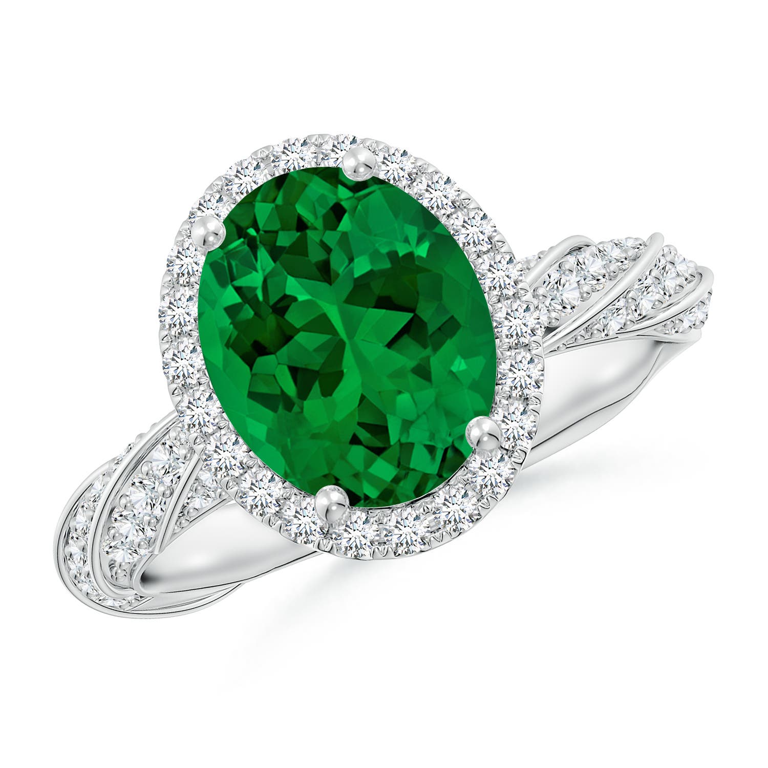 10x8mm Labgrown Oval Lab-Grown Emerald Halo Twisted Rope Shank Engagement Ring in 18K White Gold