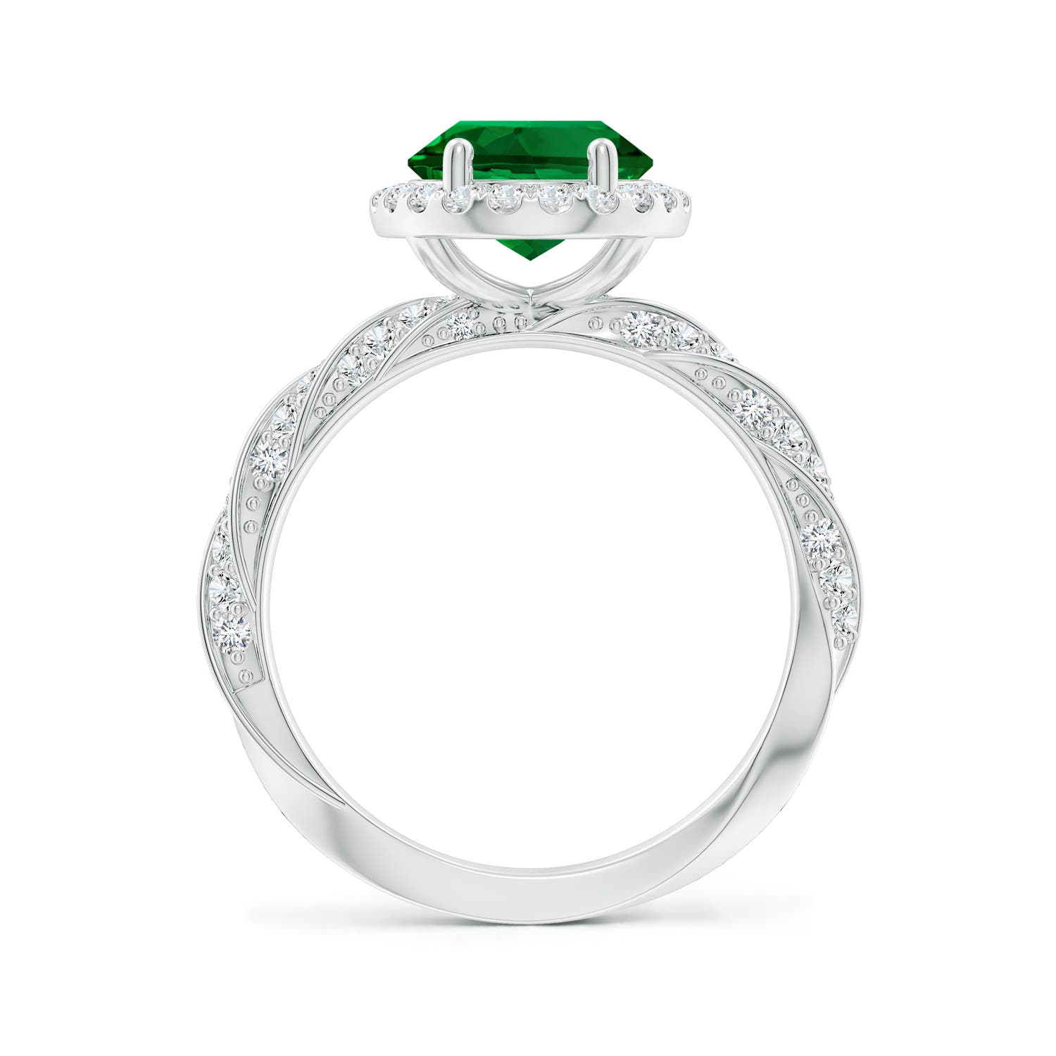 10x8mm Labgrown Oval Lab-Grown Emerald Halo Twisted Rope Shank Engagement Ring in 18K White Gold