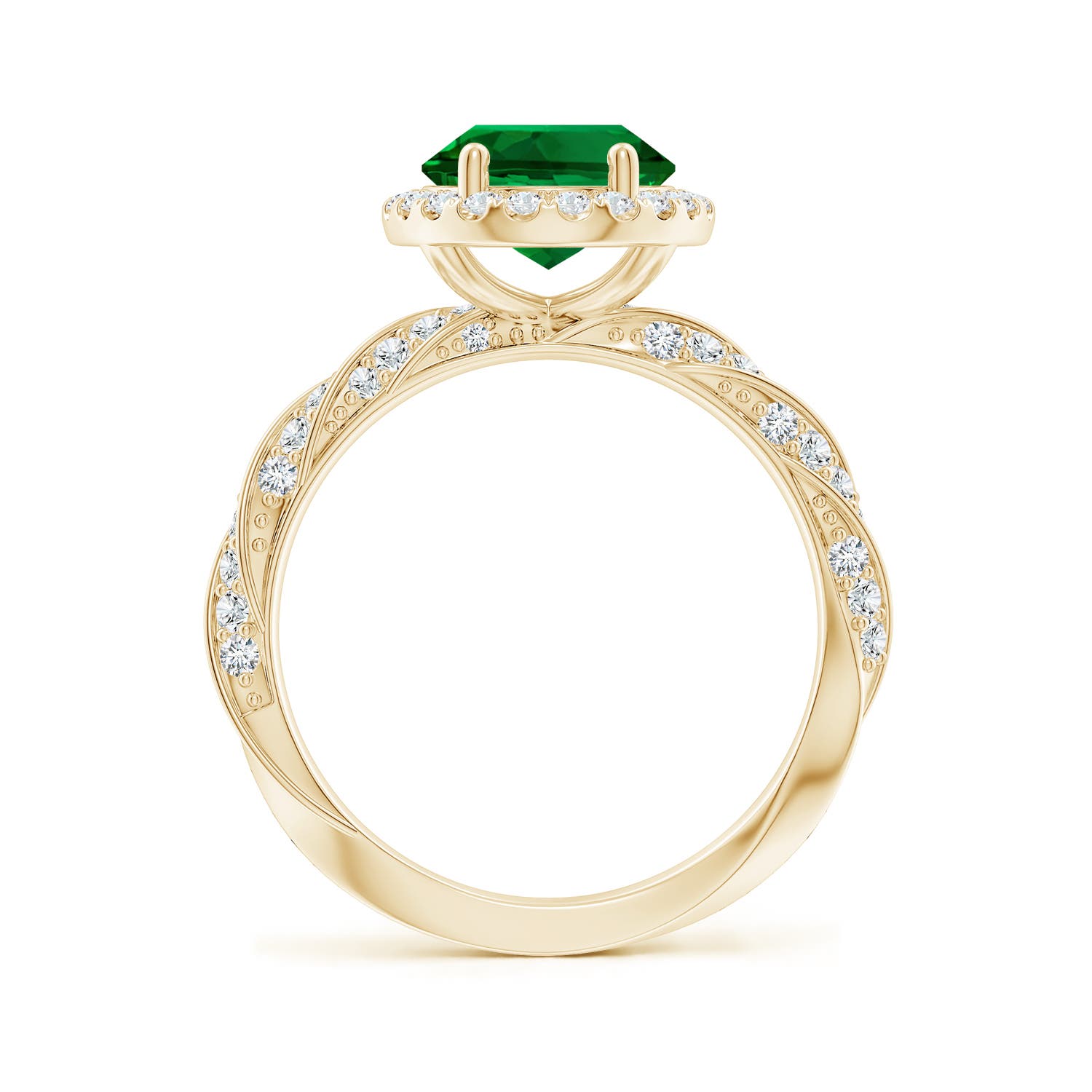 10x8mm Labgrown Oval Lab-Grown Emerald Halo Twisted Rope Shank Engagement Ring in 18K Yellow Gold