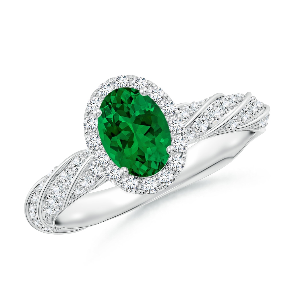 7x5mm Labgrown Oval Lab-Grown Emerald Halo Twisted Rope Shank Engagement Ring in White Gold