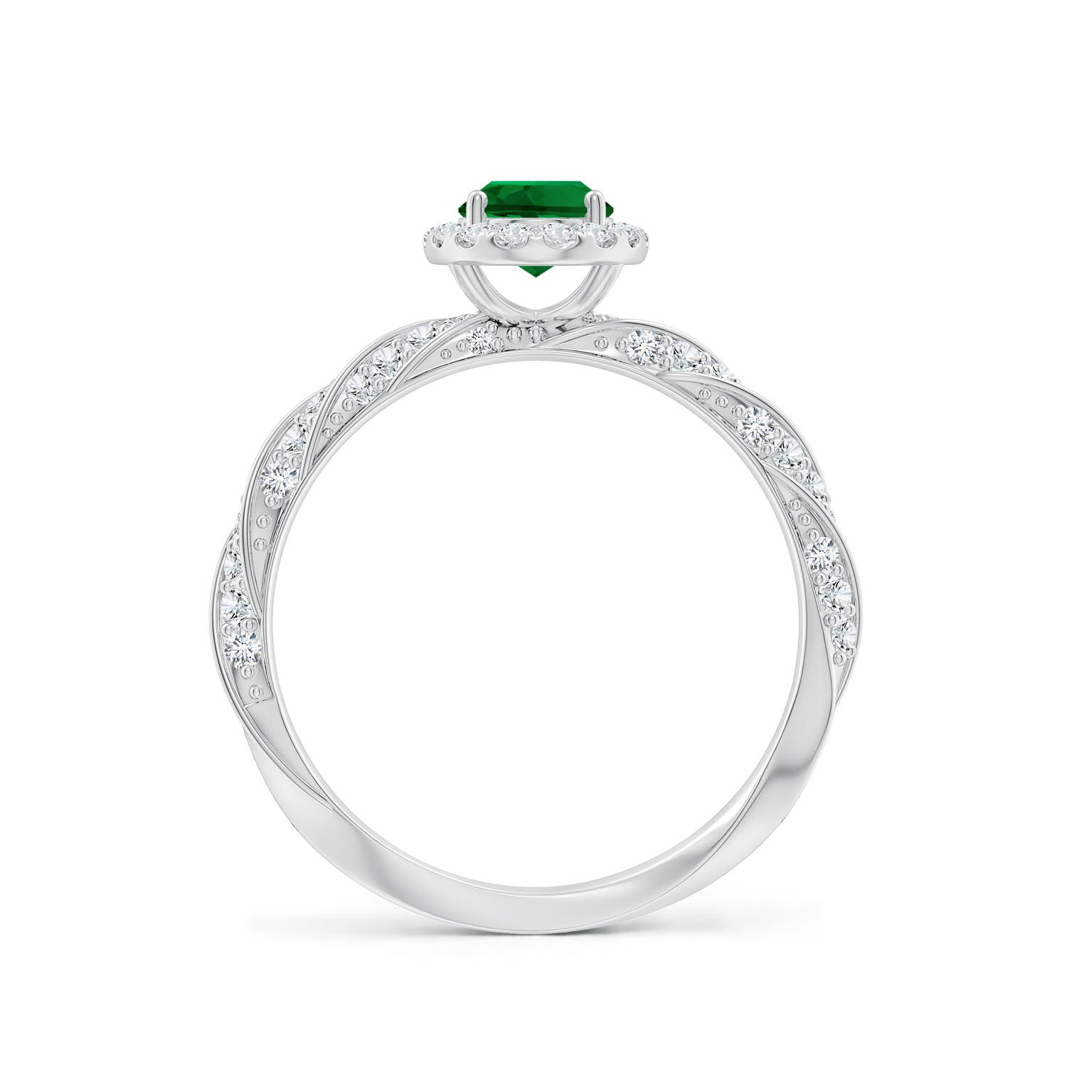 7x5mm Labgrown Oval Lab-Grown Emerald Halo Twisted Rope Shank Engagement Ring in White Gold - side 3