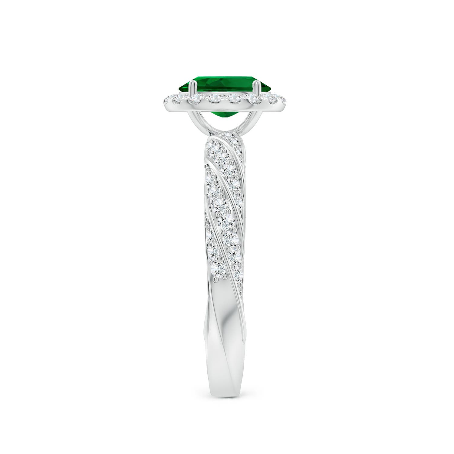 7x5mm Labgrown Oval Lab-Grown Emerald Halo Twisted Rope Shank Engagement Ring in White Gold - side 4