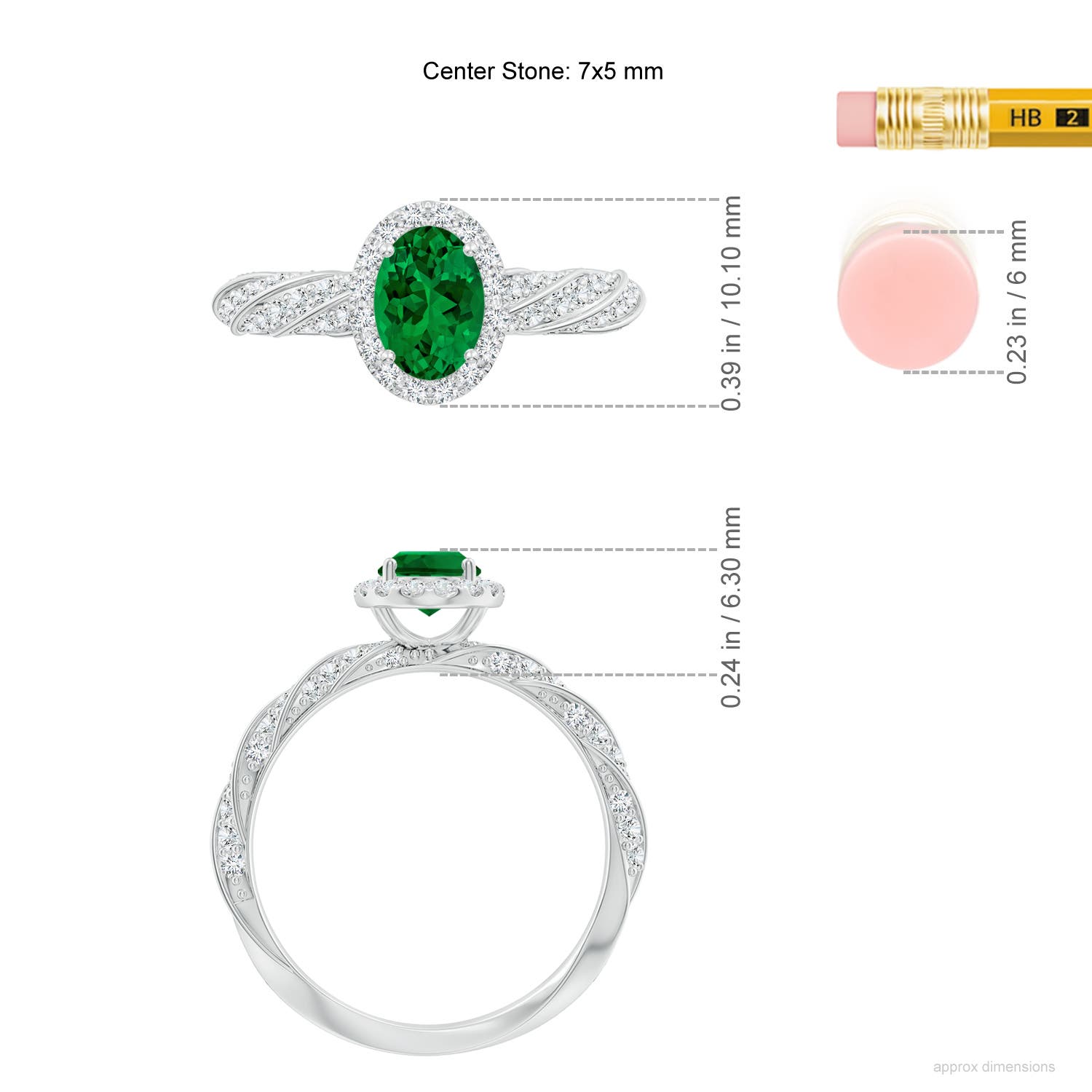 7x5mm Labgrown Oval Lab-Grown Emerald Halo Twisted Rope Shank Engagement Ring in White Gold - ruler