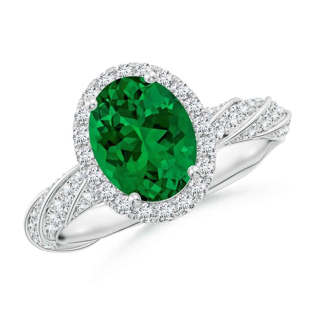 9x7mm Labgrown Oval Lab-Grown Emerald Halo Twisted Rope Shank Engagement Ring in White Gold