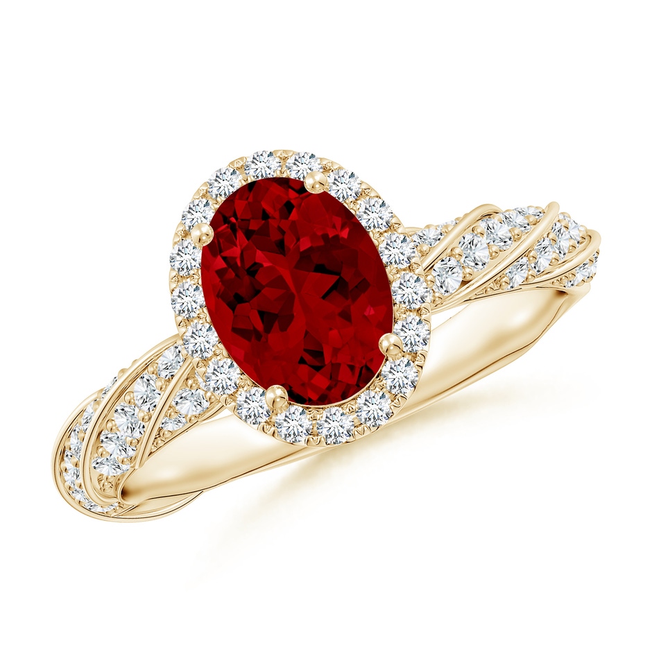 8x6mm Labgrown Oval Lab-Grown Ruby Halo Twisted Rope Shank Engagement Ring in Yellow Gold 