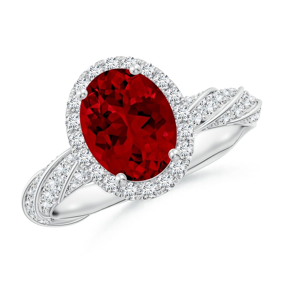 9x7mm Labgrown Oval Lab-Grown Ruby Halo Twisted Rope Shank Engagement Ring in White Gold 