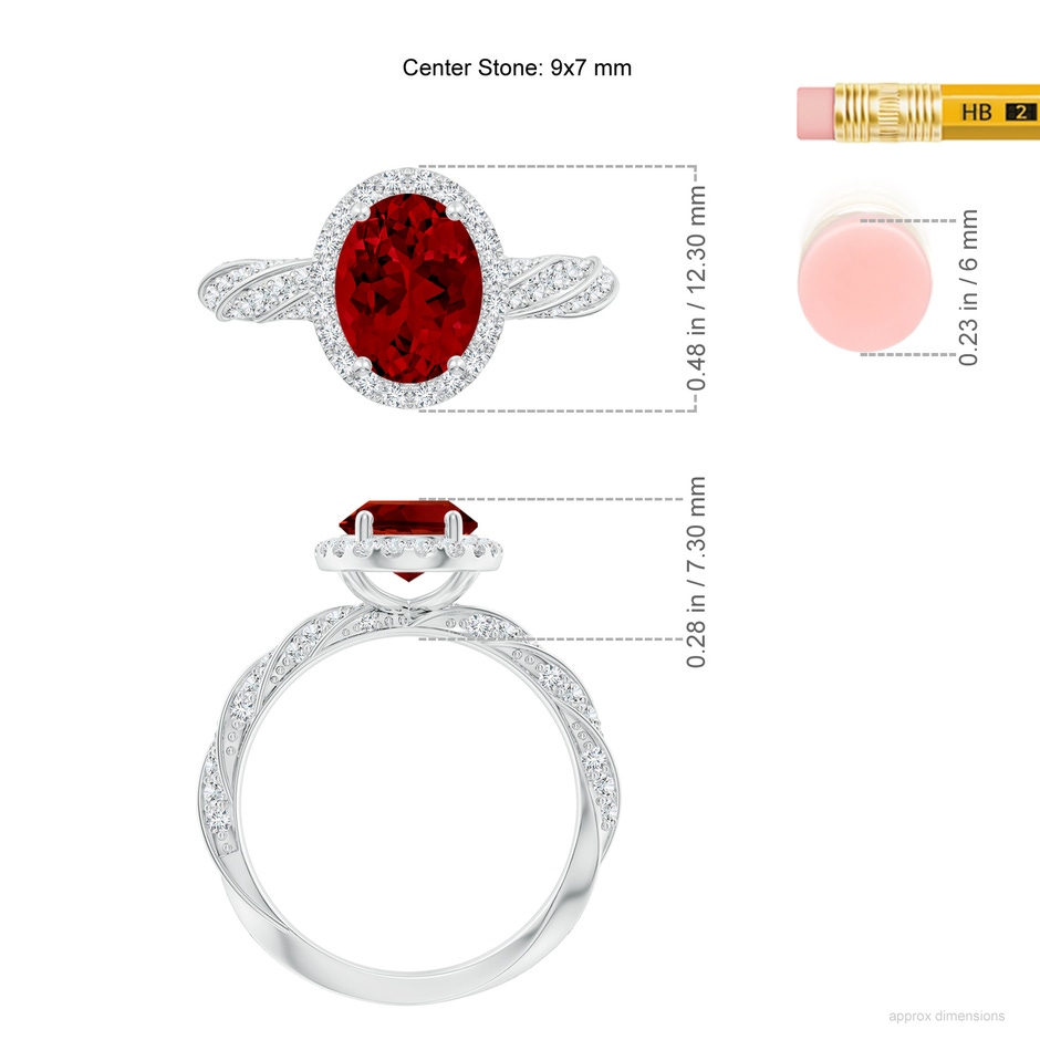 9x7mm Labgrown Oval Lab-Grown Ruby Halo Twisted Rope Shank Engagement Ring in White Gold ruler