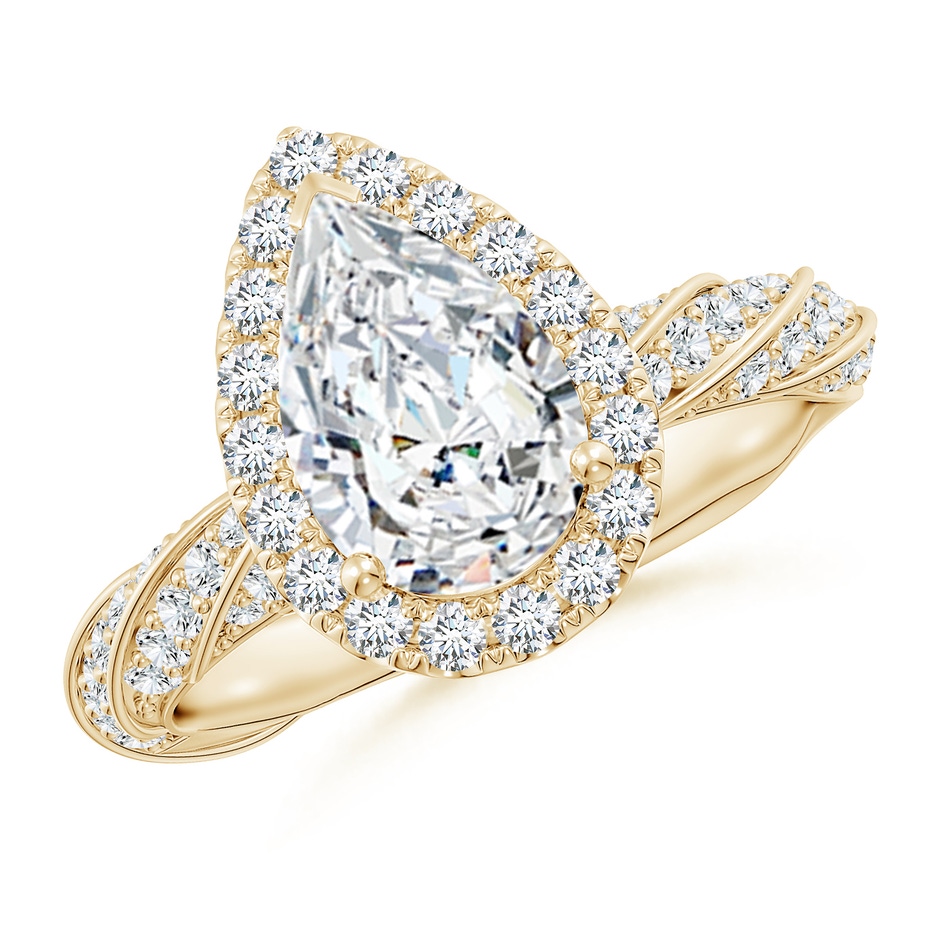 10x6.5mm FGVS Pear Lab-Grown Diamond Halo Twisted Rope Shank Engagement Ring in Yellow Gold 