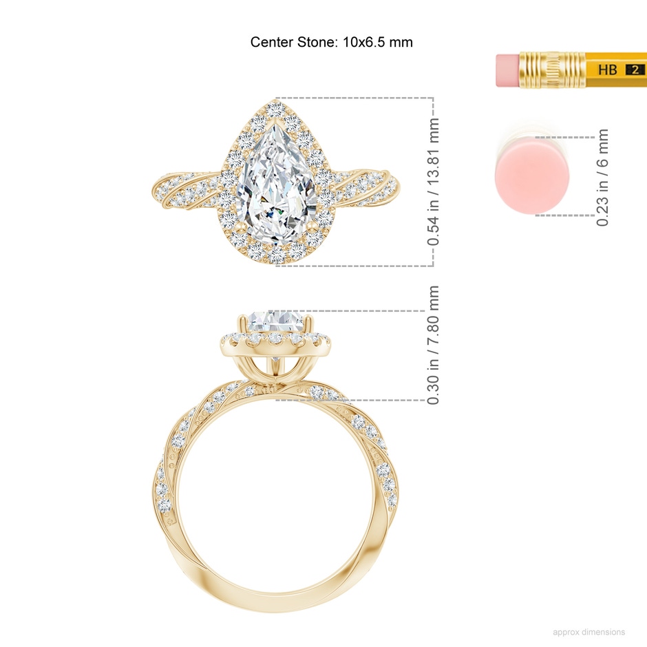 10x6.5mm FGVS Pear Lab-Grown Diamond Halo Twisted Rope Shank Engagement Ring in Yellow Gold ruler