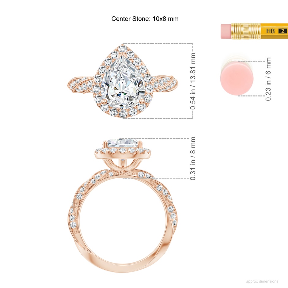 10x8mm FGVS Pear Lab-Grown Diamond Halo Twisted Rope Shank Engagement Ring in Rose Gold ruler