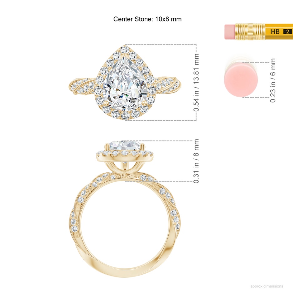 10x8mm FGVS Pear Lab-Grown Diamond Halo Twisted Rope Shank Engagement Ring in Yellow Gold ruler