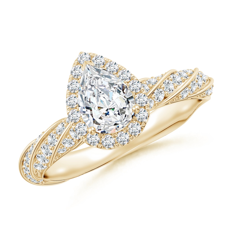7x5mm FGVS Pear Lab-Grown Diamond Halo Twisted Rope Shank Engagement Ring in Yellow Gold 