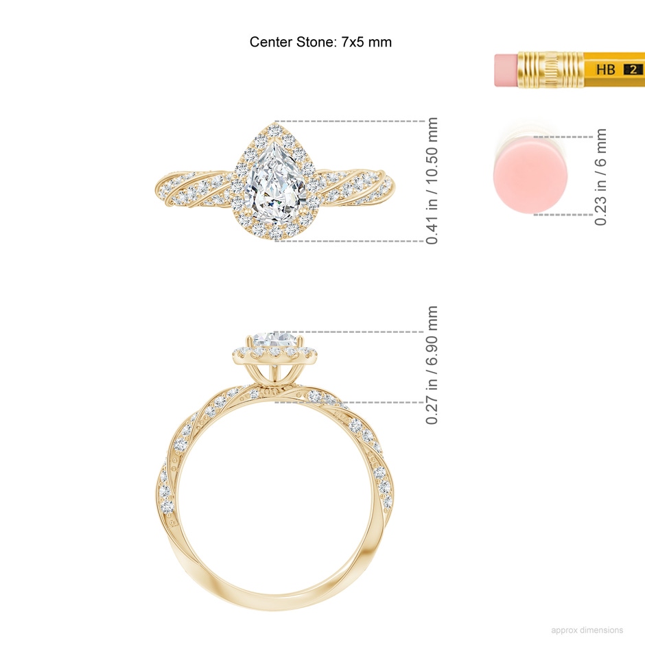 7x5mm FGVS Pear Lab-Grown Diamond Halo Twisted Rope Shank Engagement Ring in Yellow Gold ruler