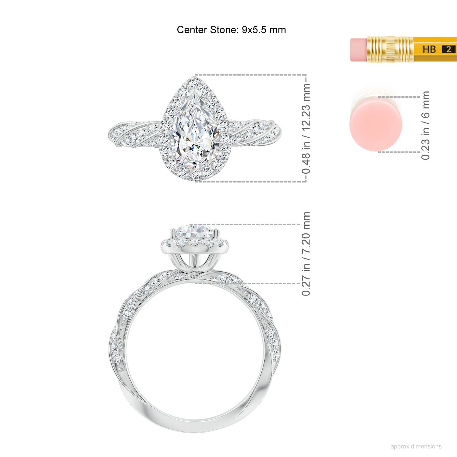 9x5.5mm FGVS Pear Lab-Grown Diamond Halo Twisted Rope Shank Engagement Ring in White Gold - ruler