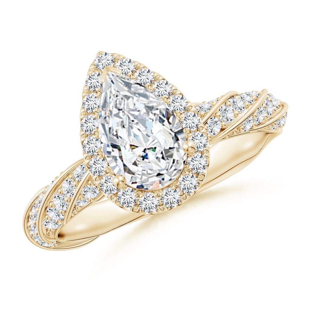 9x5.5mm FGVS Pear Lab-Grown Diamond Halo Twisted Rope Shank Engagement Ring in Yellow Gold