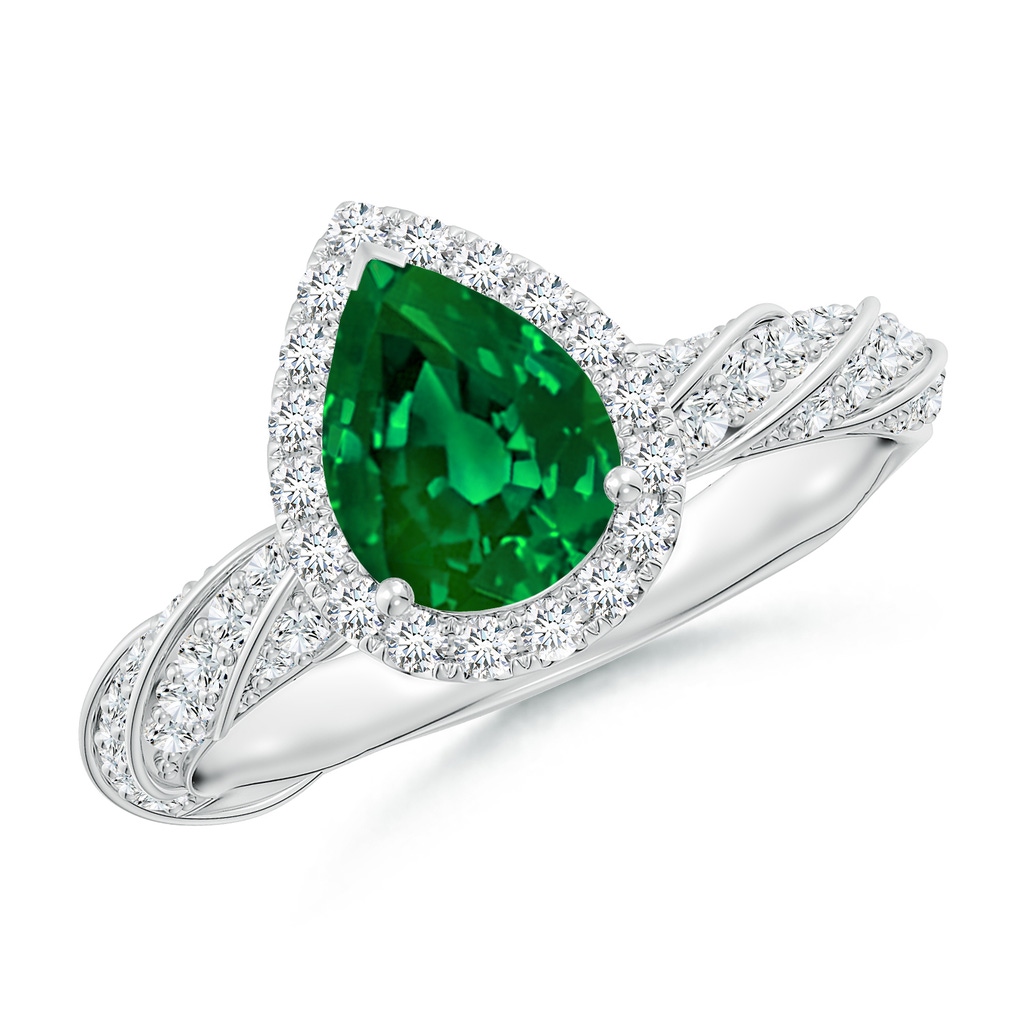 8x6mm Labgrown Pear Lab-Grown Emerald Halo Twisted Rope Shank Engagement Ring in White Gold