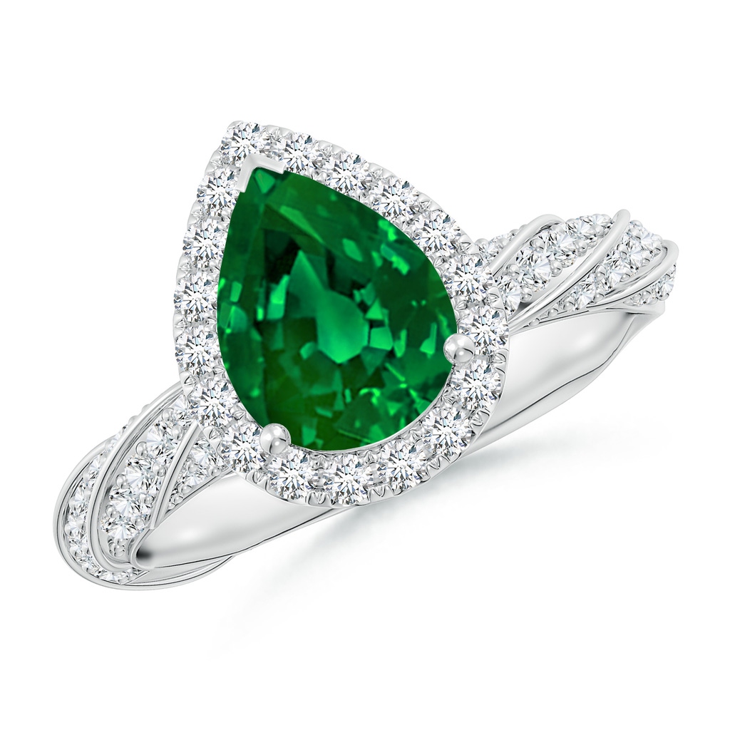 9x7mm Labgrown Pear Lab-Grown Emerald Halo Twisted Rope Shank Engagement Ring in White Gold