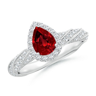 7x5mm Labgrown Pear Lab-Grown Ruby Halo Twisted Rope Shank Engagement Ring in P950 Platinum