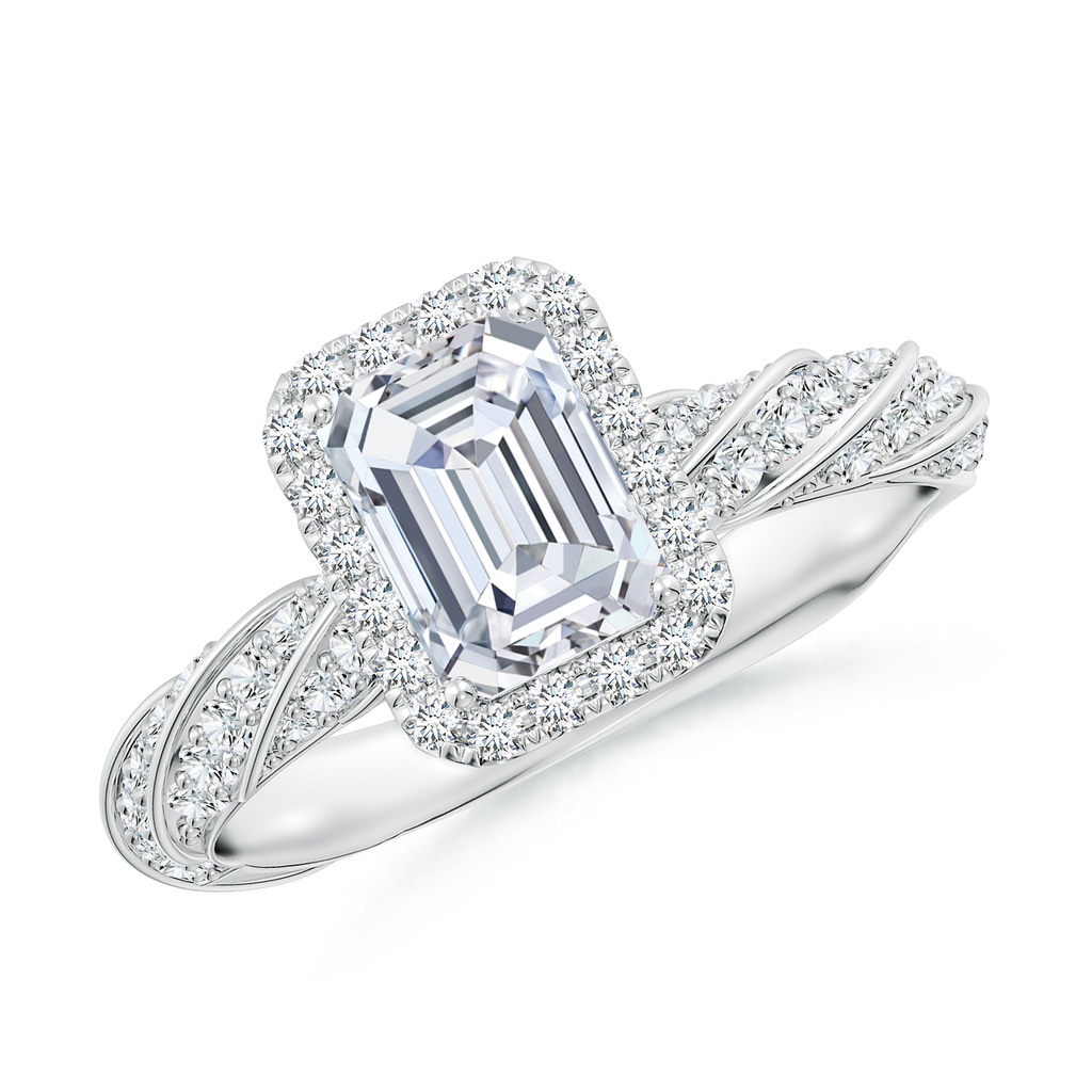 7x5mm FGVS Emerald-Cut Lab-Grown Diamond Halo Twisted Rope Shank Engagement Ring in White Gold