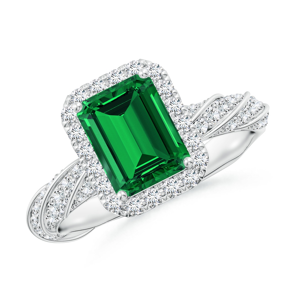 8x6mm Labgrown Emerald-Cut Lab-Grown Emerald Halo Twisted Rope Shank Engagement Ring in White Gold