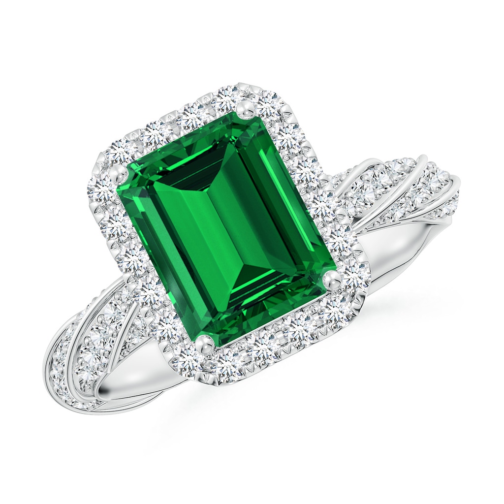 9x7mm Labgrown Emerald-Cut Lab-Grown Emerald Halo Twisted Rope Shank Engagement Ring in White Gold