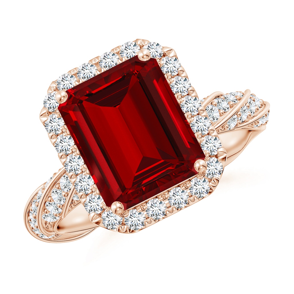 10x8mm Labgrown Emerald-Cut Lab-Grown Ruby Halo Twisted Rope Shank Engagement Ring in Rose Gold