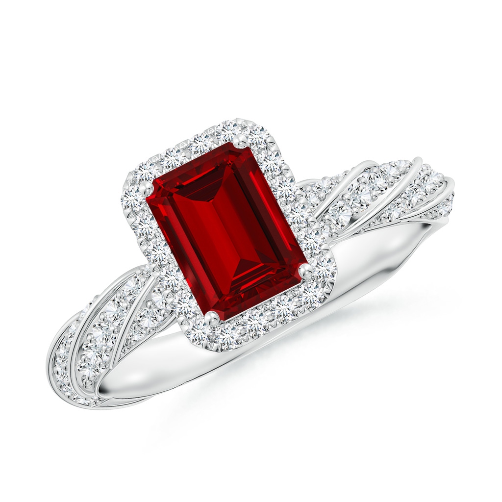 7x5mm Labgrown Emerald-Cut Lab-Grown Ruby Halo Twisted Rope Shank Engagement Ring in White Gold