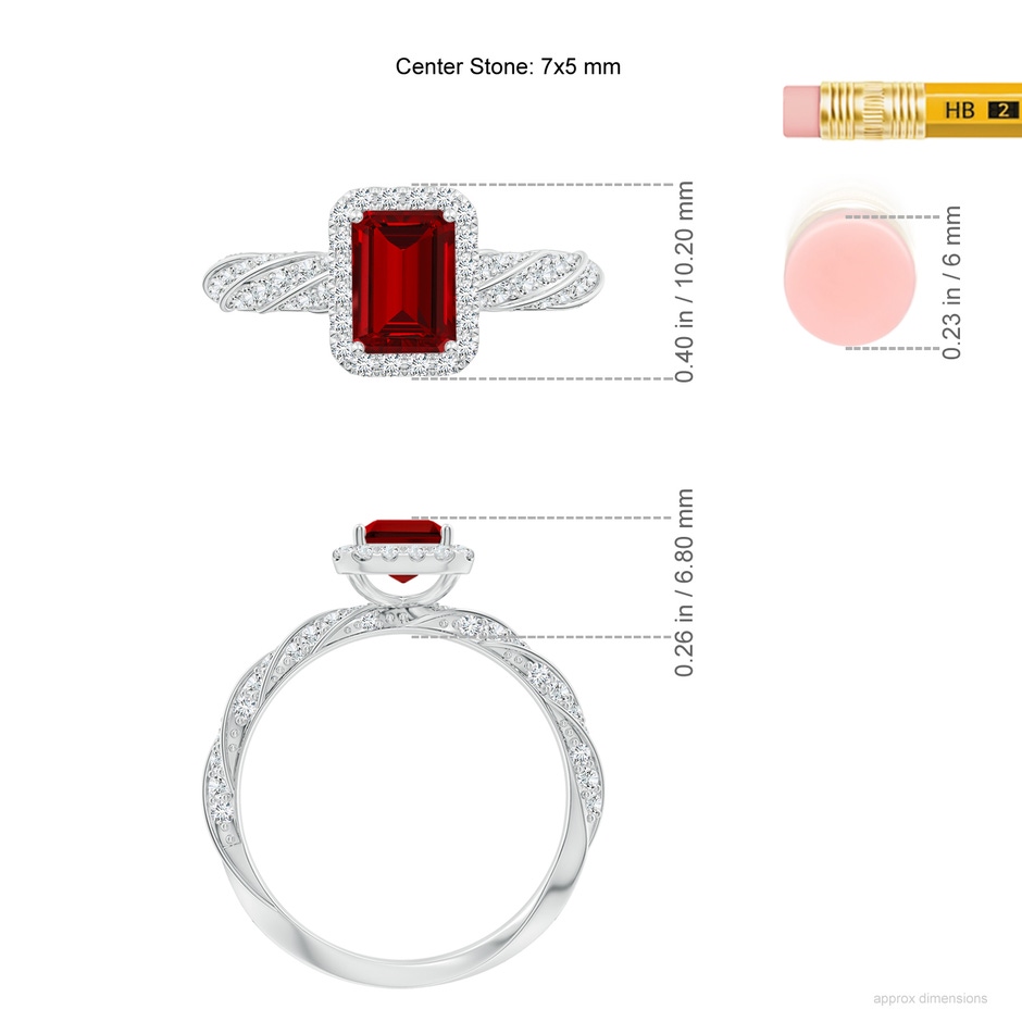 7x5mm Labgrown Emerald-Cut Lab-Grown Ruby Halo Twisted Rope Shank Engagement Ring in White Gold ruler