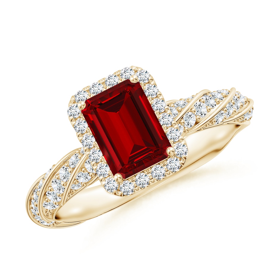 7x5mm Labgrown Emerald-Cut Lab-Grown Ruby Halo Twisted Rope Shank Engagement Ring in Yellow Gold 