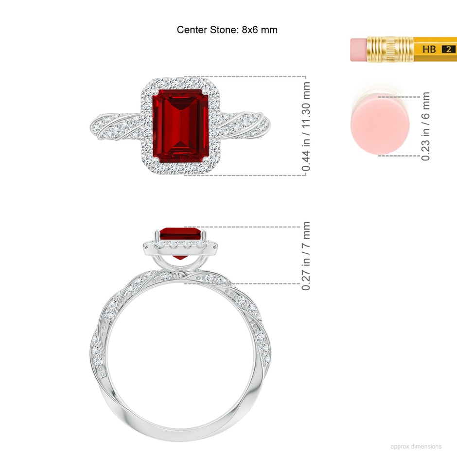 8x6mm Labgrown Emerald-Cut Lab-Grown Ruby Halo Twisted Rope Shank Engagement Ring in White Gold ruler